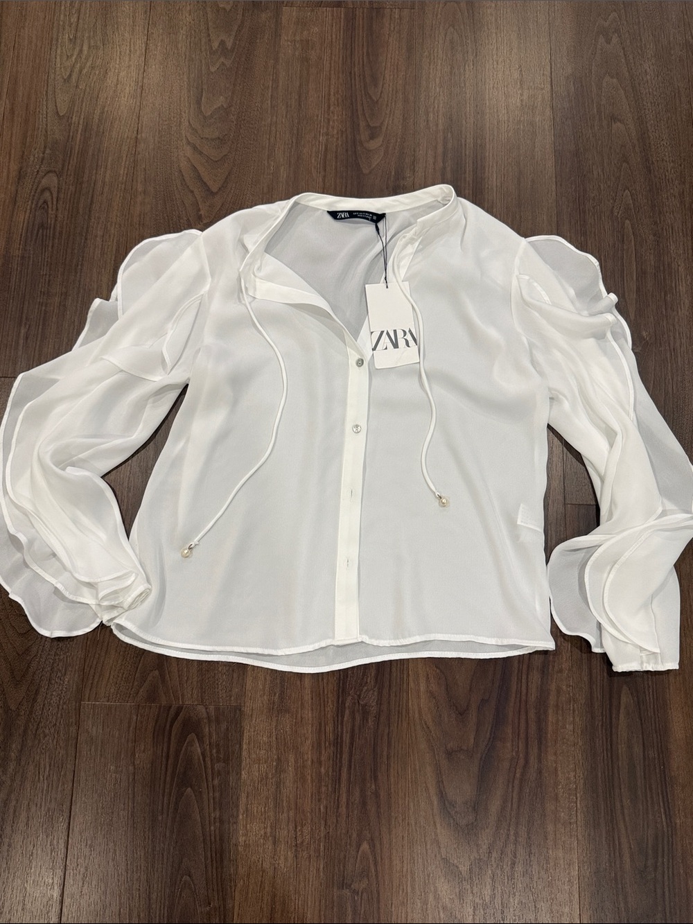ZARA White Sheer Tie-Neck Button-Down Blouse